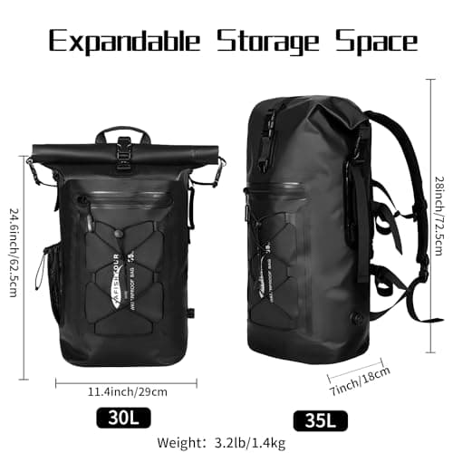 AFISHTOUR Heavy Duty Waterproof Dry Bag Backpack - 35L Roll-Top Floating Dry Bag Backpack for Motorcycles, Kayaking, Rafting, Boating, Camping, Hiking, Fishing (Black) — view 2