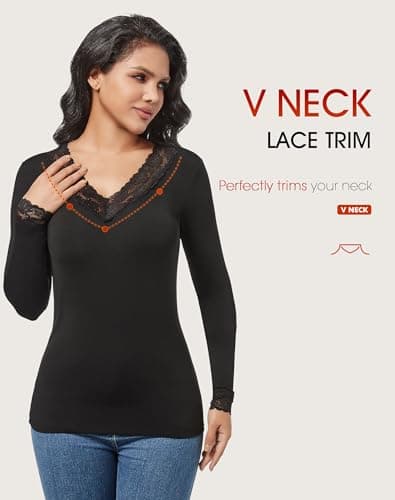 MOSCOAL Fleece Lined Thermal Tops for Women Long Sleeve Lace Trim Base Layer V Neck Shirt, Black, L — view 5