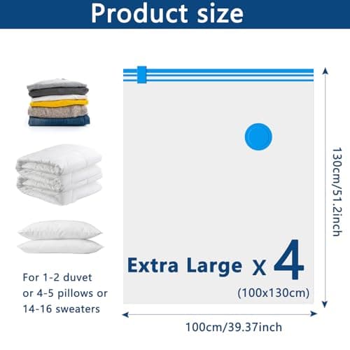 Vacuum Storage Bags - 4 Pack Extra Large (100X130cm) Space Saver Sealer Compression Bags, Reusable Vacuum Bags for Storage Clothes, Duvets, Bedding, Quilts, Pillows, Blankets, Travel — view 2