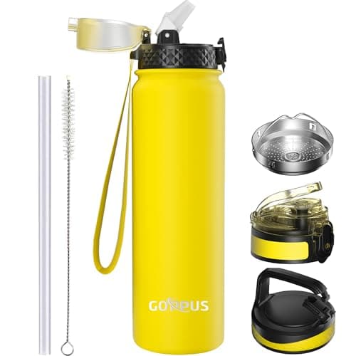 GOPPUS 1L/32oz Stainless Water Bottle with Straw Double Wall Insulated Bottles with Strap Reusable Vacuum Thermal Flask Leakproof Keep Cold Drinks Bottles with Flip Top Lid BPA Free (Yellow)