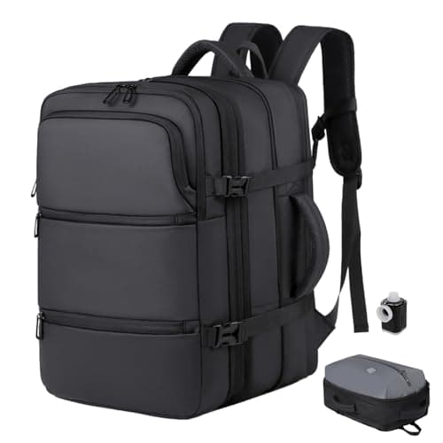 Vacuum Backpack Travel Bag with Pump, Easyjet Cabin Bag 45x36x20 Large Hand Luggage, 50L Black Backpacks with Laptop Compartment, Personalised Carry On Bag for Women Men Air Compression Backpack