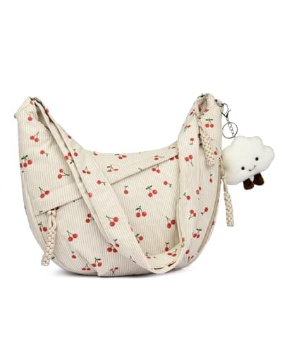 Micmores Corduroy Crescent Bag for Women - Aesthetic Printed Crossbody Moon Bag with Tablet Sleeve, Lightweight Shoulder Sling Purse for School, Travel & Daily Use (Beige-Cherry print)