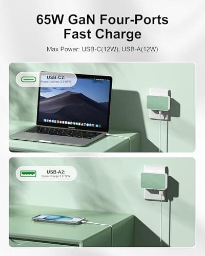 KWRNVO Flat USB Wall Charger 4 Ports Slim 65W USB-C/A Flodable Plug Fast Charging Block for iPhone 8/9/10/11/12/13/14/15 Multiport Power Charging Adapter for ipad and Galaxy Series S8-10 Green — view 5