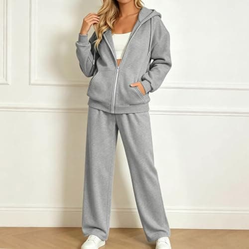 Womens Zip Up Hoodie Tracksuit Outfits,Hoodie Jacket and Wide Leg Trousers — view 2