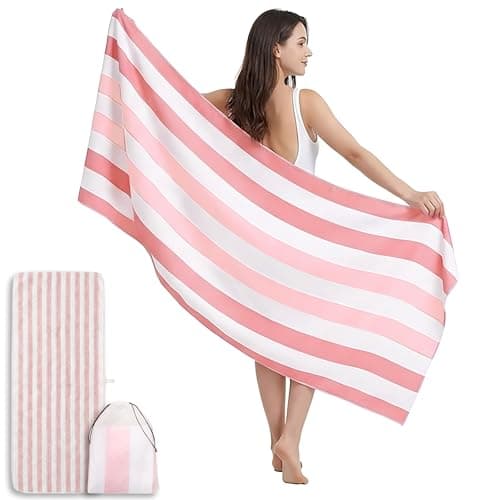HEYDIUDIU Oversized 35x70 Inch Striped Beach Blanket Set, Quick Dry Sand-Free Microfiber Beach Mat with Matching Towel, Lightweight and Sand Free Mat for Beach and Camping Outdoor Use (Pink)