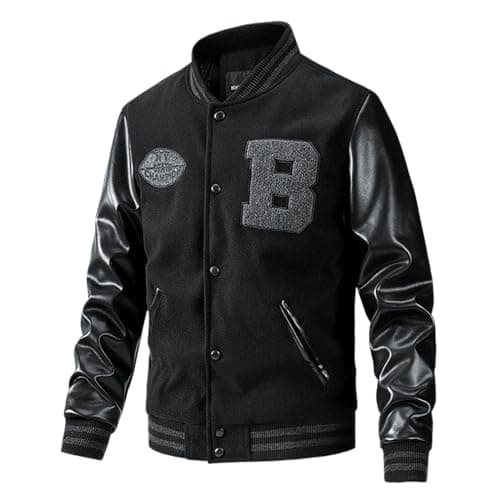 Men's Warm Two-Tone Bomber Jacket Winter College Jacket Football Old School Leather Sleeves Faux Leather Baseball Sports Jacket Sweat Jacket Varsity Vintage Streetwear Oversized Patchwork Coat, O