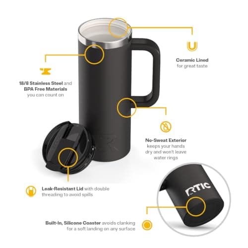 RTIC 20oz Road Trip Travel Mug with Lid and Handle, Ceramic Lined, Insulated, Stainless Steel, Metal, Double Wall Vacuum-Insulation, Portable Coffee, Tea Cup for Hot and Cold Drink, Black — view 3