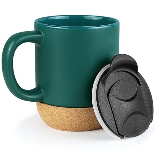 Hioph Ceramic Travel Mug with Lid and Handle, 400ML Coffee Cup (Green)