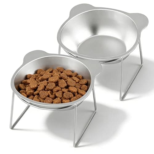 2Pcs Elevated Cat Bowls, 15° Tilted Raised Stainless Steel Cat Food and Water Bowl Set Anti-Vomit Neck Protection Pet Feeding Station for Indoor Cats & Small Dogs, Dishwasher Safe