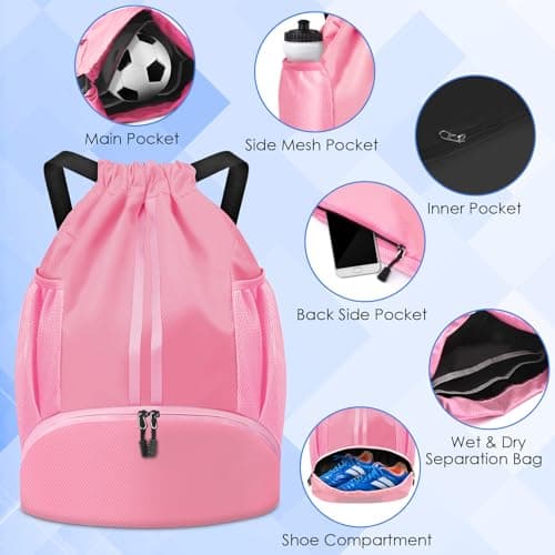 BROTOU Unisex Drawstring Backpack, Waterproof Gym Bag, Large Oxford PE Pack, Students School Backpack, Durable Sports Ball Bag, with Shoe Bag (A, Pink) — view 4