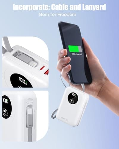 Built-in Cable 20000mAh Power Bank: 22.5W Fast Charging External Battery for Mobile Phone, USB C (Input & Output) Battery Pack, Portable Charger with 4 Outputs & 2 Inputs-White — view 3