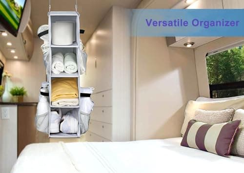 MISSLO 4 Shelf Short Hanging Shoe Storage for Wardrobe Organiser with Mesh Pockets Small Hanging Shoe Rack Organizer Hanger for RV, Camping, Motorhome, Grey — view 2