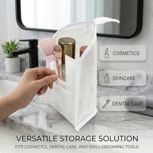Standing Toiletry Bag,Waterproof Travel Toothbrush Storage Pouch with Holder,Portable Stand Up Organizer for Toothbrush,Makeup Brushes,Cosmetic Brush Bag for Hotel, Vacation,Trip (Black + White) — view 2