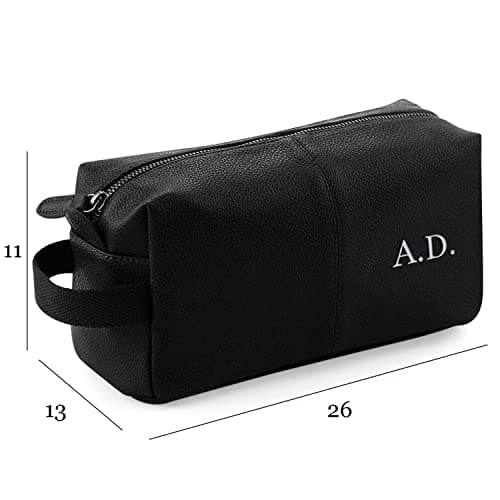 Personalised Wash Bag Embroidered Faux Leather Wash Bag Mens Toiletry Bag - Black WashBag Men Vegan Leather Toilet Bag Initials Travel Gift — view 2