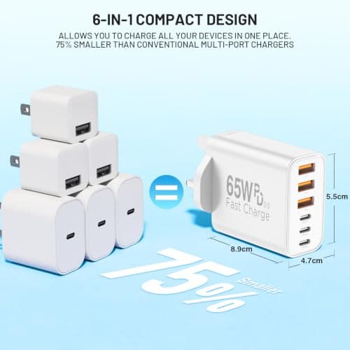DGVERS 65W 6-Port Multi Charger UK Plug USB C Charger &3 Type-C and 3 USB-A — view 4