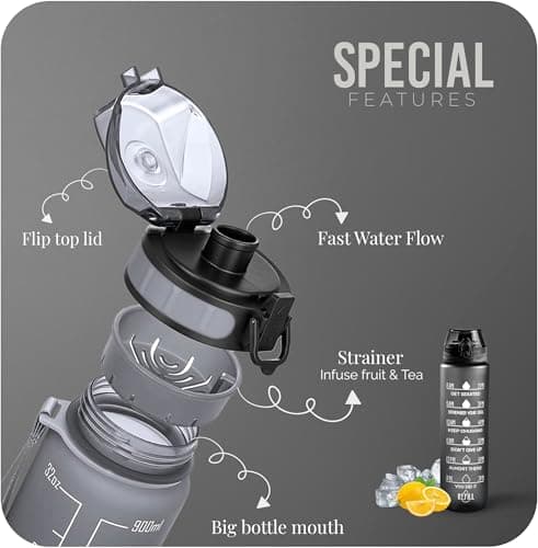 Roe Tenpo Water Bottle 1L, Sports Water Bottle with Time Markings, BPA-Free, Leak-Proof Drinks Bottle, Perfect for Running, Cycling, Gym, Yoga, Camping and Outdoor Activities, Black — view 2