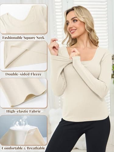 Kefiyis Thermal Tops Womens Long Sleeve Thermal Underwear Womens Elasticity Thermals Shirt Winter Warm Base Layers Beige S — view 5