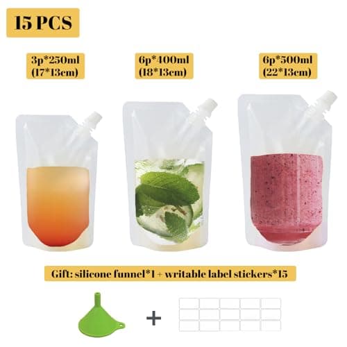 15pcs Clear Drink Pouches for Festivals with Funnel and Stickers, Leak Proof Juice Liquid Pouches Bags, Beverage Bags Festival Essentials, Plastic Hip Flask for Parties, Picnic, Travel, Sports — view 2