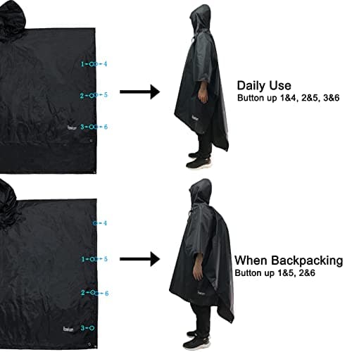 Azeekoom Rain Jacket Rain Poncho, Raincoat Waterproof Unisex Camping Tent Camping Blanket 3-in-1 Multifunctional Rain Cape for Outdoor Picnic Trekking Camping Fishing Hunting Trip(Black) — view 5