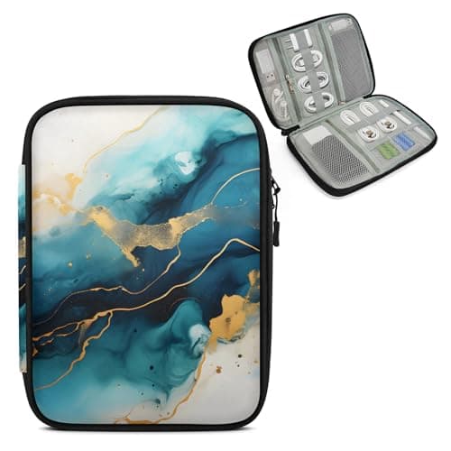Mintoprints Teal Gold Marble Waves Electronics Travel Organizer Case, Tech Organizer Pouch Cord Storage Bag for Phone, Cable, Charger, Accessories