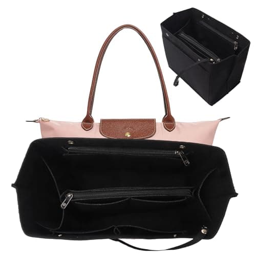 AIYJWXINP Bag Insert Organizer, Handbag Organiser Insert, Multi-Pocket Felt Handbag Organizer With Zipper for Insert Wallet Organizer, Folding Tote Bag Organizer Insert for Longchamp (black, L)