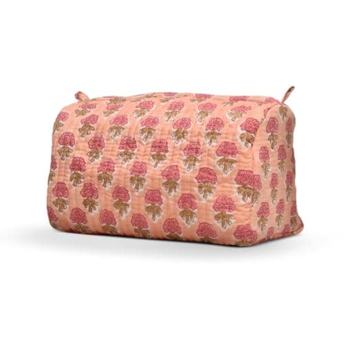 BLOCK N STYLE Cotton Toiletry Bag, Floral Print Travel Organiser, Orange, 23.5 x 17.5 x 11.4 cm