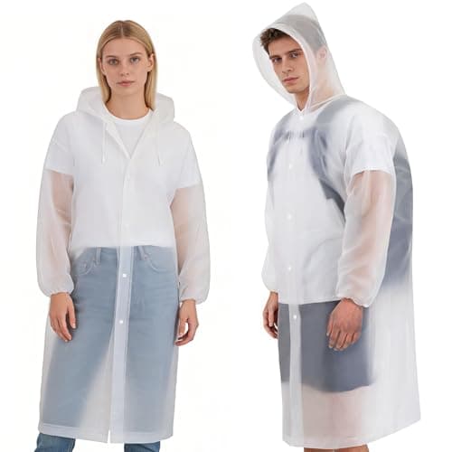 Yixker 2 Pack of Rain Poncho Raincoats for Women & Men,EVA Portable Reusable Waterproof Ponchos with Drawstring Hood and Elastic Cuff for Festival,Camping,Hiking Travel,Amusement Parks (White)