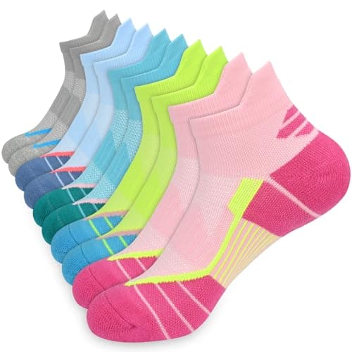 ouhos 5 Pairs Womens Cotton Cushioned Trainer Socks UK Size 4-7, Low Cut Breathable Anti-Friction Sports Ankle Socks for Running Gym Fitness