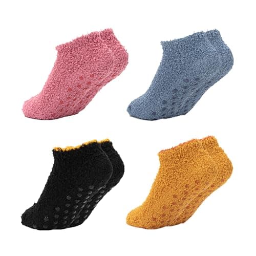 4 Pack slipper socks, fluffy socks for Women Men, Warm Non Slip Grip slipper socks women Bed Socks for Winter, Thermal fluffy socks womens with Grippers for Causal Home Sleeping (Fit UK 3-5)