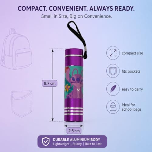 SRV Hub 8.7cm Disney Stitch Aluminium 9 LED Torch, Purple Mini Flashlight with Wrist Strap, Compact Pocket Light for Kids, Camping, Travel, School, Sleepovers, Outdoor Adventures and Gifts — view 2
