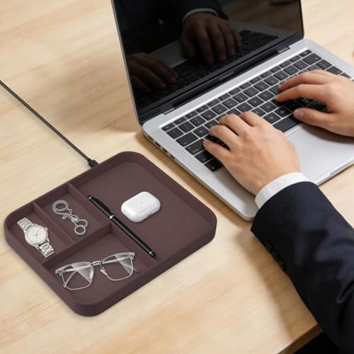 VOVIPO Faux Leather Valet Tray,with 2 in 1 Wireless Charging Compatible With iPhone/17/16/15/15 Plus/15 Pro/15 Pro Max/14/13/12/Wireless earphones,Office/Home Desk Organizers Tray-Brown — view 6