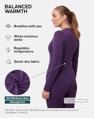 DANISH ENDURANCE Merino Thermal Top for Women, Midweight 180 GSM, Purple, M — view 2