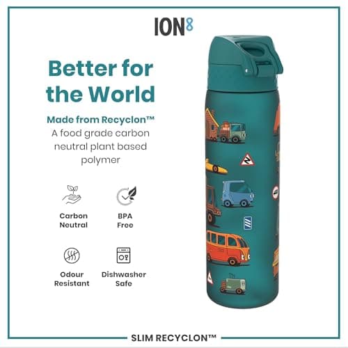 Ion8 Water Bottle, 500ml/18oz, Slim Leak Proof & BPA-Free Drinking Bottle, Secure Lock Prevents Spills, Dishwasher Safe, Carry Handle, Ideal for Adults & Kids - Travel, Gym & School, Aqua, Cars — view 6