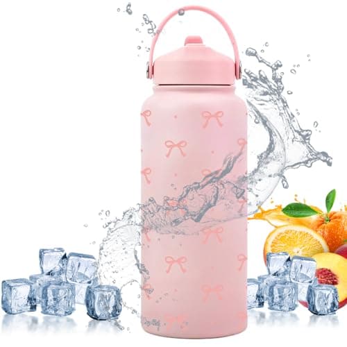 Insulated Bottle,1L Bow Pattern Stainless Steel Vacuum Flask - Leakproof Water Bottles with Straw - for Coffee, Drinks, Sports, Home, Travel
