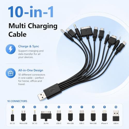 10 in 1 Universal Charger Multi Charger Cable with Multiple Heads Portable USB Multiple Devices Charging Cable for Old Samsung Phones, Cameras, Tablets, Travel & Car Use — view 3