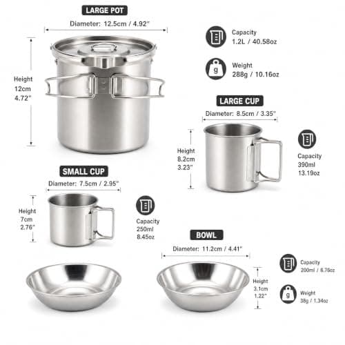 Stainless Steel Camping Cookware Set with Pot Cups Bowls Nesting — view 3