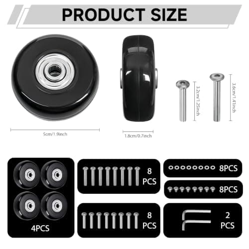 4 Pack Suitcase Replacement Wheels 50 x 18mm, Rubber Luggage Wheels with Double Bearings (6mm ID), Repair Kit with Axles, Screws (32mm and 36mm), Spacers and 2 Spanners for Most Suitcases — view 2
