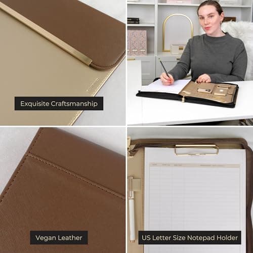 BLU Monaco Brown Vegan Leather Portfolio Binder for Women - Professional Padfolio Work Organizer with Gold Trim, Zippered Business Case for Documents — view 5