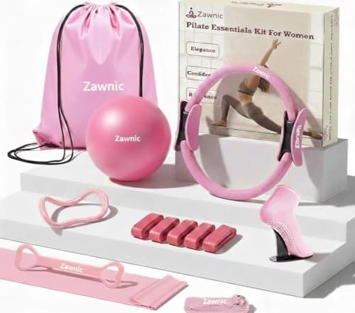 ZAWNIC 13-pcs Home Pilates Essentials Kit for Women – 9inch Yoga Ball, Figure-8 Resistance Band, Pilates Ring, Exercise Bands & Accessories – Beginner Pilates Equipment Set for Home Workouts (Pink)