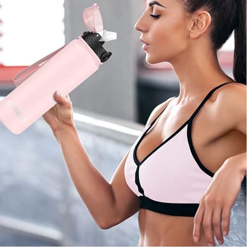 GOPPUS 1L/32oz Stainless Water Bottle with Straw Double Wall Insulated Bottles with Strap Reusable Vacuum Thermal Flask Leakproof Keep Cold Drinks Bottles with Flip Top Lid BPA Free (Pink) — view 6