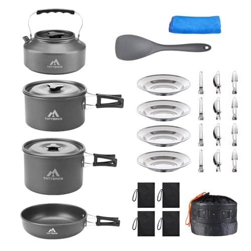 THTYBROS 27-Piece Camping Cookware Set for 2–4 People, Portable Cooking Set with Kettle, Pots & Pans, Stainless Steel Cutlery, Plates and Dishware for Trekking, Picnics and Outdoor Adventures