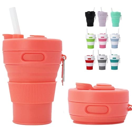 MORAINJAY Collapsible Coffee Cup with Lids,15oz/450ml Orange Silicone Portable Reusable Coffee Mug,Foldable Camping Travel Cup Fits in Your Pocket(Collapses to 6cm)