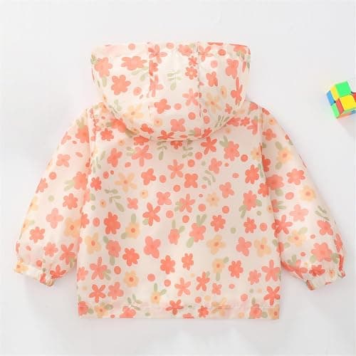 Toddler Girls Waterproof Jacket Baby Cute Heart Floral Rain Jackets Kids Lightweight Windproof Raincoat Outdoor Long Sleeve Zipper Hooded Windbreaker Packable Athletic Outwear (Beige, 6-12 Months) — view 3
