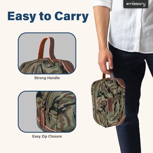 emissary Men's Canvas Travel Toiletry Bag, Leather Dopp Kit, Camo-Green, L, Luxury Travel Essentials for Men — view 3