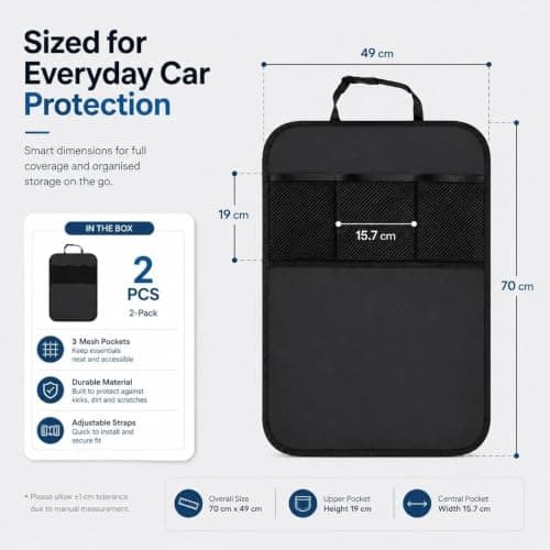Plumaire 2 Pcs Car Seat Back Protector Set, 60 x 45 cm Rear Seat Protector with Support Cushion, 3 Storage Mesh Pockets and Adjustable Straps, Waterproof and Stain-Resistant (Black) — view 2