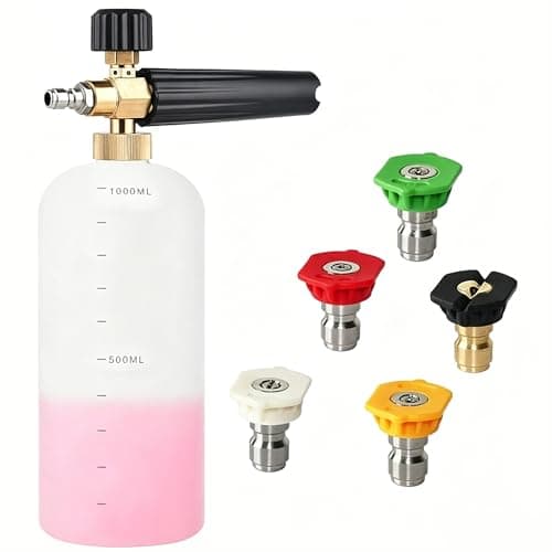 Pressure Washer Foam Cannon, 1L Adjustable 1/4" Quick Release Snow Foam Lance Gun Soap Dispenser Bottle with 5Pcs Pressure Washer Spray Nozzle Tips for Car Washing, Yard Cleaning