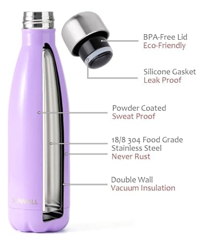 SUNWILL Metal Water Bottle Stainless Steel 500ml, Insulated Reusable Thermal Flask for Cold and Hot Drink, Travel, Sports, Gym, Powder Coated Lavender — view 2