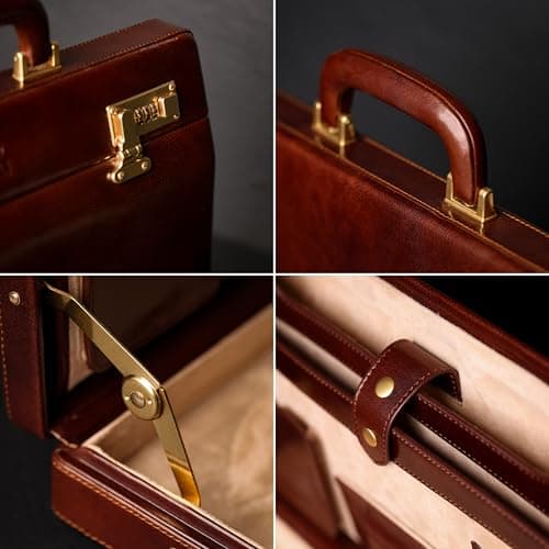 Time Resistance Leather Attache Case - Full Grain Italian Leather Briefcase - Laptop Bag up to 15” - Hard Case with Lock — view 5