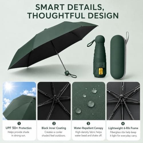 WHJYCC Compact Folding Umbrella - Dark Green Travel Umbrella with Case — view 3