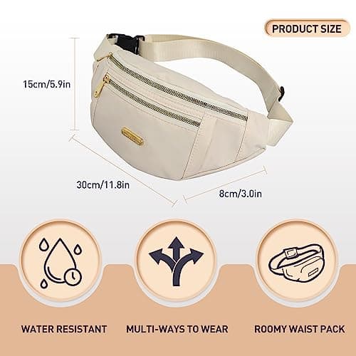 Yoolly Bum Bag for Women Men, Fashion Fanny Pack with 3 Zipper Pockets & Adjustable Strap, Lightweight Waist Bags for Travel, Running, Cycling, Hiking (Beige) — view 2